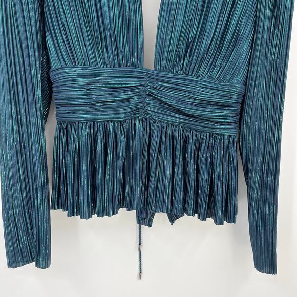 Sabina Musayev | Maxim Top Dark Ocean Metallic Pleated V-Neck Peplum Blouse L - Picture 7 of 11